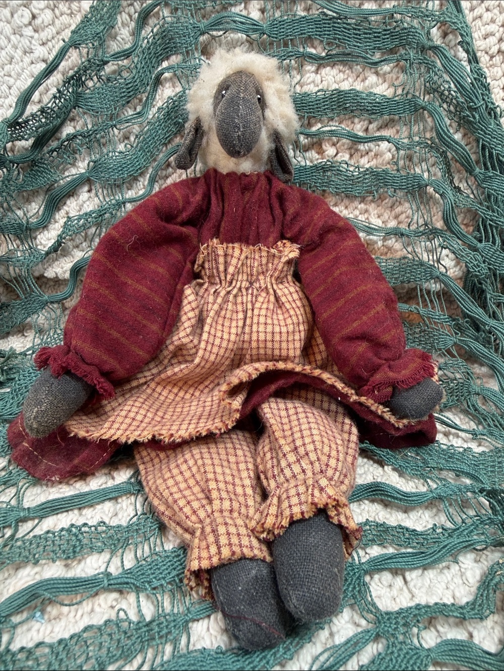 Handmade Rustic Sheep Plush in Burgundy and Tan Decor